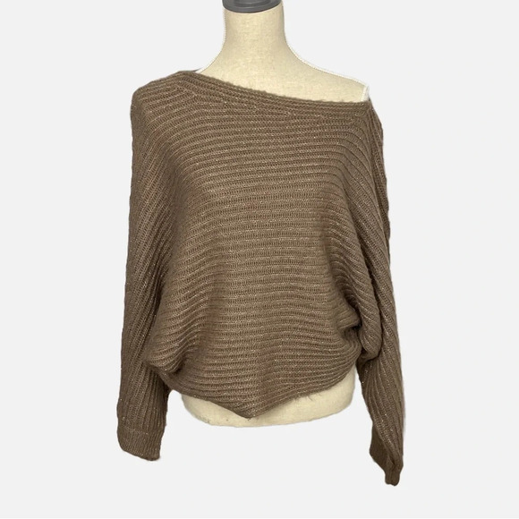Aryn K. Women’s Sweater Asymmetrical One Shoulder Batwing Taupe Metallic Medium - Picture 10 of 10